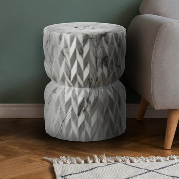 Chevron Drum 17.5" White Marble Finish Ceramic Garden Stool - JONATHAN Y